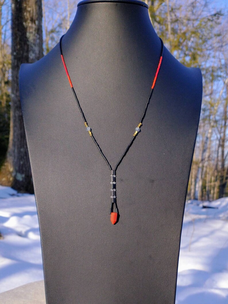 Red Agate and Labradorite Beaded Black Y Necklace