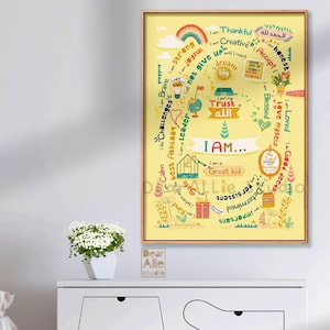 Islamische Affirmation Kinderzimmer Kunst, ich bin Muslim Kinder Personalisierter Poster Druck Benutzerdefinierte Positive Wörter