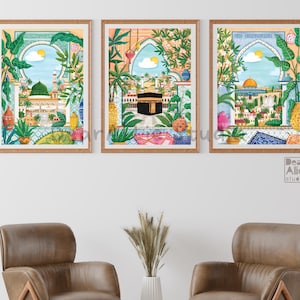 Juego de 3 láminas ilustradas de la Mezquita Sagrada (Masjid al-Haram), el Profeta (Nabawi) y la Mezquita de Al-Aqsa: Arte de sitios históricos de mezquitas islámicas