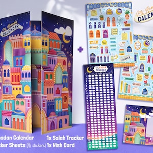Ramadan-Kalender mit 76 Stickers | Set aus A3 Größe Ramadan Countdown Kalender Card, 2 Sets von A5 Sticker, Salah Tracker & Wunschkarte |