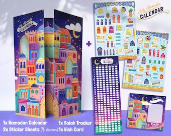 May include: A colorful Ramadan calendar with a cityscape design, two sticker sheets with Islamic-themed illustrations, a Salah tracker, and a wish card. The calendar features a night sky with stars and a crescent moon.