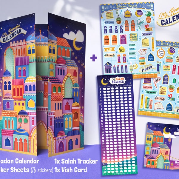 Ramadan Calendar with 76 Stickers Pack | Set of A3 size Ramadan Countdown Calendar Card, 2 sets of A5 Sticker, Salah Tracker & Wish Card |
