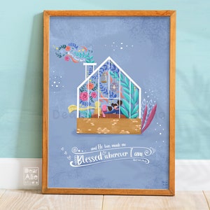 Gesegnet, wo immer ich bin.. Home Sweet Home | A5 A4 Islamische Illustration Druck, Blumen Gewächshaus Schlafzimmer Wand Dekor