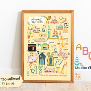 Póster islámico para niños de la A a la Z / A5 A4 A3 con alfabeto musulmán, opción personalizada, arte de pared para niños, dormitorio infantil, decoración de guardería