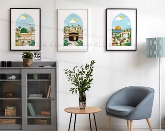 Masjid al-Haram, Nabawi & Al-Aqsa Set of 3 Mosque Illustration Print: Islamic Historical Sites Art