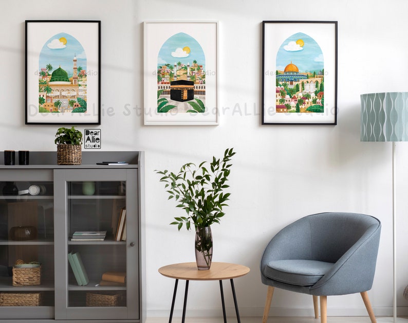 Masjid Al-haram, Nabawi & Al-aqsa Set of 3 Mosque Illustration Print ...