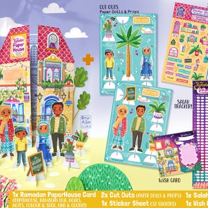 Mein Ramadan Paper House Pack mit ausgeschnittenen Papierpuppen und Requisit, ausklappbare PaperHouse Karte, 32 Aufklebern, Salah Tracker & Wunschkarte