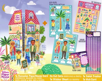 May include: A colorful Ramadan paper house card with cut-out paper dolls and props, a sticker sheet with 32 stickers, a Salah tracker, and a wish card. The paper house card features a detailed illustration of a traditional house with a colorful design. The cut-out paper dolls and props include a family of three, a palm tree, and a variety of other items. The sticker sheet features a variety of Ramadan-themed stickers, including lanterns, crescent moons, and stars. The Salah tracker is a grid with spaces for each day of Ramadan. The wish card is a blank card with a decorative border.