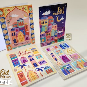 Eid Mubarak Packung mit 4 Karten mit Umschlägen | Eid Al Fitr Festliche Klappkarte A6 Größe |