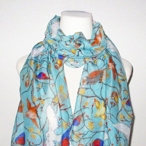 Bird Scarf, Blue Bird Scarf, Colorful Robins, Bird Shawl, Bird Print Scarf, Gift for Bird Lovers, Birthday Gift, Christmas Gift,Womens Scarf