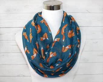 Fox Print Scarf, Teal Fox Scarf, Animal Print Scarf, Infinity Loop Scarf, Womens Scarf, Gift for Her