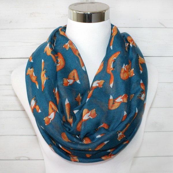 Fox Print Scarf, Red Fox Scarf in Teal, Animal Print Scarf, Infinity Loop Scarf, Womens Scarf, Year Round Scarf, Gift for Fox Lovers