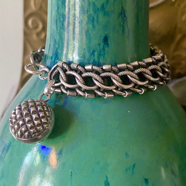 Antique Silver Woven Link Bracelet with Textured Ball Charm