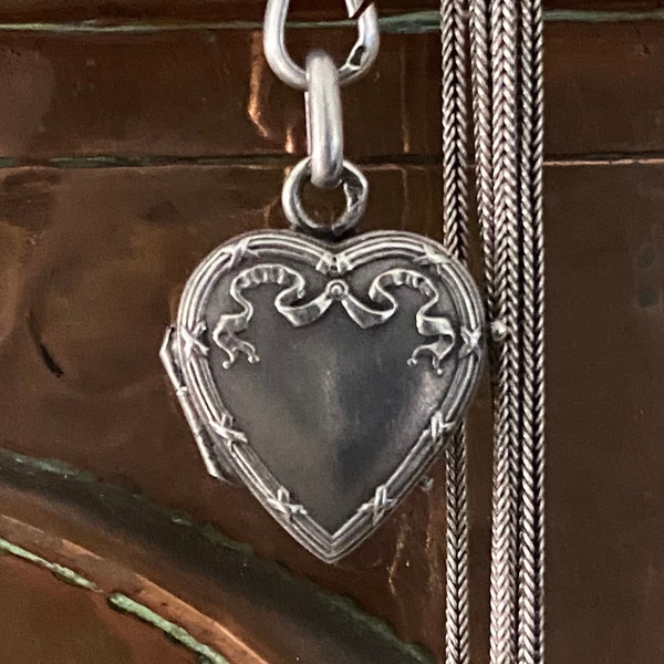 Antique French Heart Shaped Silver Edwardian Locket with Ribbon Design