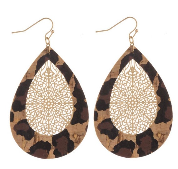 Gold Filigree Leopard Print Cork Earrings | Etsy