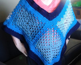Original design hand crocheted granny square poncho in blues and greys