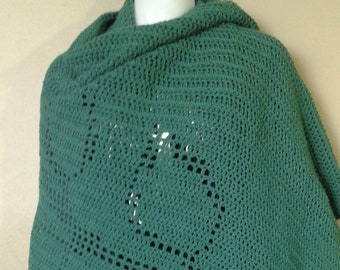 Handmade crochet shawl with original vine design in filet crochet