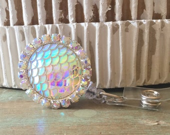 Mermaid Scales Retractable Badge Reel, Iridescent Rhinestone ID Name Badge Holder, Gift for Nurse