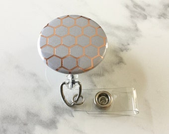 Honeycomb Badge Reel, Rose Gold Foil Gray ID Clip, Bee Lovers Badge Reel, Retractable Badge Holder, RN Badge Reel, Medical Badge Swivel Clip