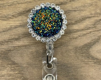 Green Gold Badge Reel, Bling ID Badge holder, Crystal Badge Reel Clip, Retractable Badge Reel