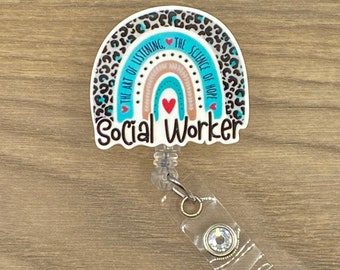 Social Worker Rainbow Badge Reel - Name Tag Holder - ID Badge Clip