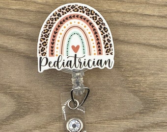 Pediatrician Badge Reel, ID Badge Holder, Leopard Rainbow Badge Clip, Retractable Badge Reel, Boho Rainbow, Gift for Pediatrician