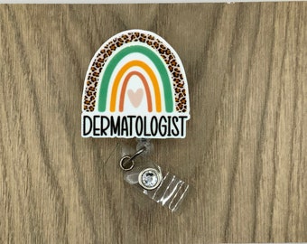 Dermatology Badge Reel, Retractable Badge Reel, Name Badge Holder, Boho Leopard Rainbow, Gift for Dermatologist