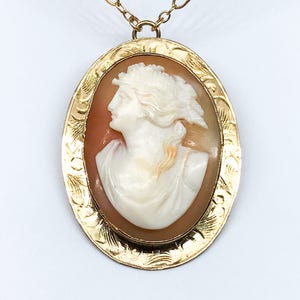 Vintage 10K yellow gold pendant brooch with shell cameo, 18&quot; necklace, Shell Cameo, Antique Jewelry