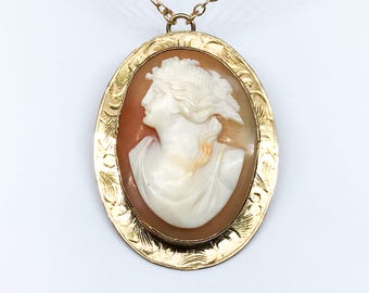 Vintage 10K yellow gold pendant brooch with shell cameo, 18" necklace, Shell Cameo, Antique Jewelry