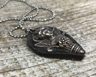 Sterling Silver Vintage Angel Necklace, Sterling and Leather, Diamond Cut Ball Chain, Angel Necklace, Free Shipping, Angel, Sterling Silver