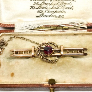 Victorian 9k Bar Brooch with heart shape and garnet center stone with antique box, Victorian Jewelry, 9k gold,