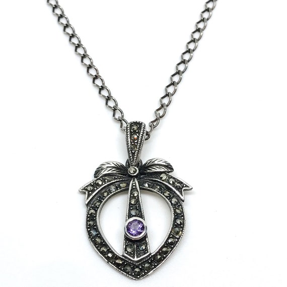 Amethyst and Marcasite Necklace, Heart Shaped, St… - image 1