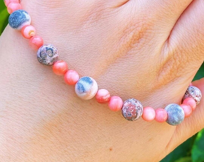 Pink Shell, Pink Zebra Jasper, Leopard Jasper - Handmade Wire Clasp Gemstone Bracelet