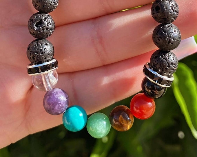 CHAKRA: Hematite, Carnelian, Tiger's Eye, Jade, Turquoise, Amethyst, Clear Quartz - Handmade Gemstone Wire Clasp Bracelet