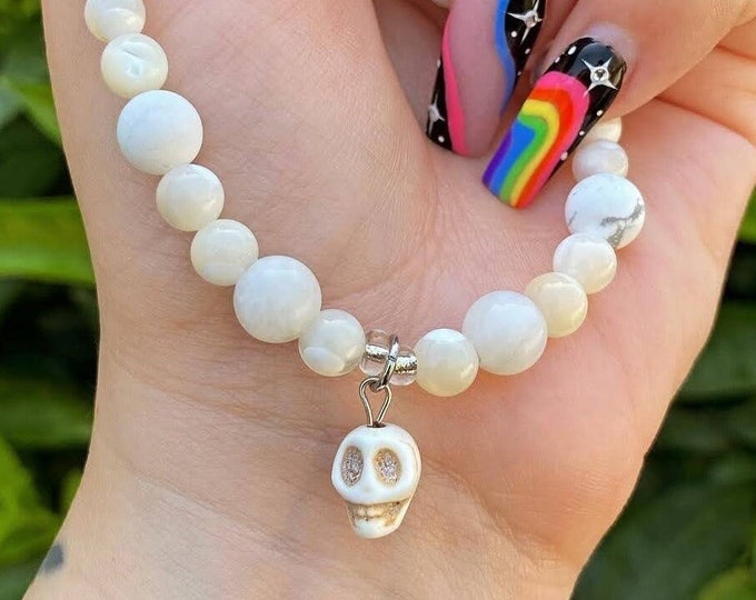 White Howlite, Mother of Pearl, Moonstone, Skull Charm - Handmade Wire Clasp Gemstone Bracelet