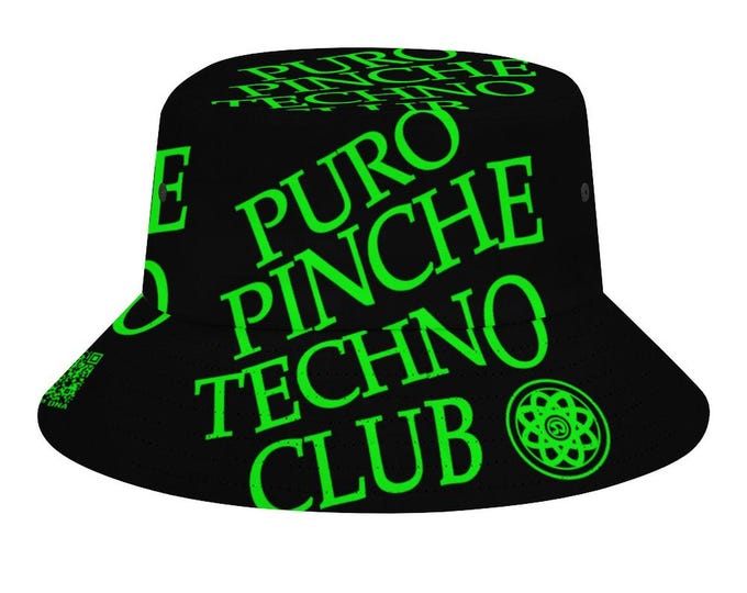 Puro Pinche Techno Club Bucket Hat | Black Rave Festival Hat with Bright Green Lettering | Techno Music Streetwear | Unisex Summer Hat