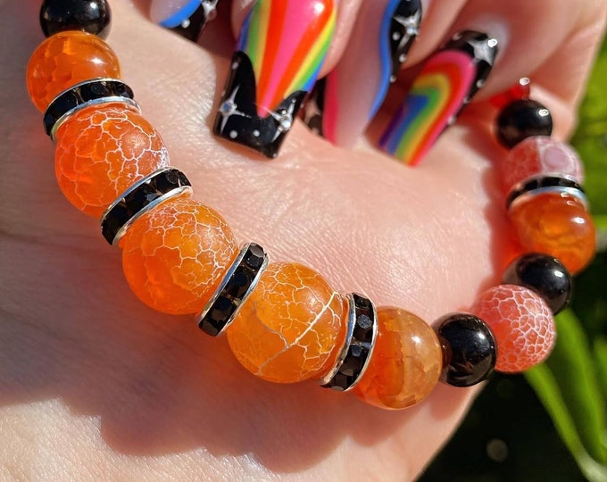 Orange Fire Agate, Red Fire Agate, Black Hematite, Carnelian, Rainbow Hematite - Handmade Gemstone Wire Clasp Bracelet