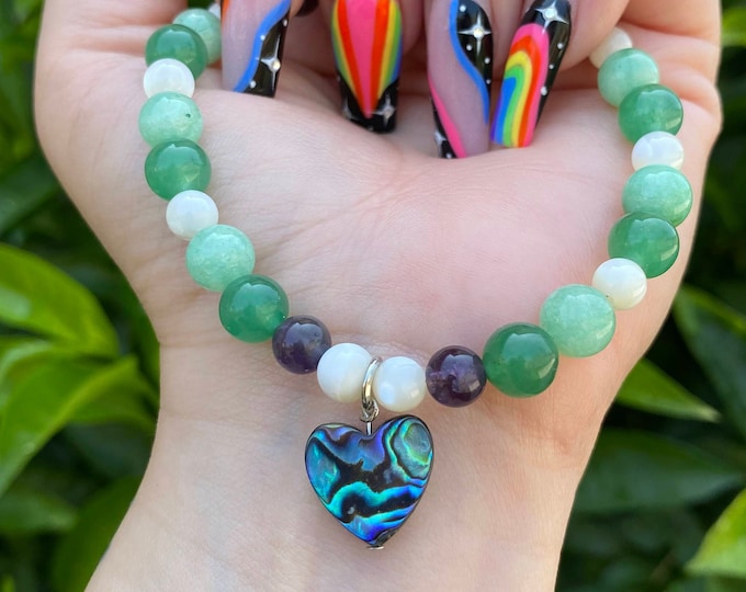 Green Aventurine, Abalone Heart, Mother of Pearl, Amethyst, Mint Quartz - Handmade Wire Clasp Gemstone Bracelet
