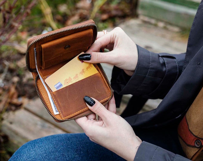 Personalized Zipper Leather Wallet, Unisex Wallet, Minimalist Leather Wallet, Zipper Wallet,Wallet, Leather Zipper Wallet,Credit Card Wallet