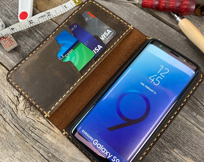 Samsung Galaxy S9 Leather Wallet Case, Galaxy S9 Leather Case, Samsung S9 Case, Leather Case for Galaxy S9  - IDTEXAS- 0S9