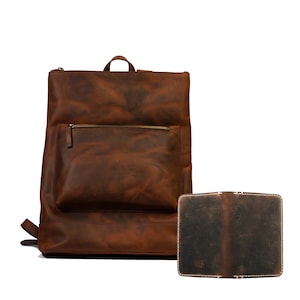Mochila delgada de cuero Lone Deer + billetera para pasaporte