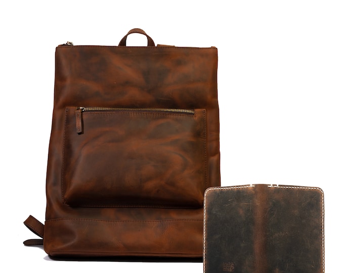 Lone Deer Leather Slim Backpack + Passport Wallet