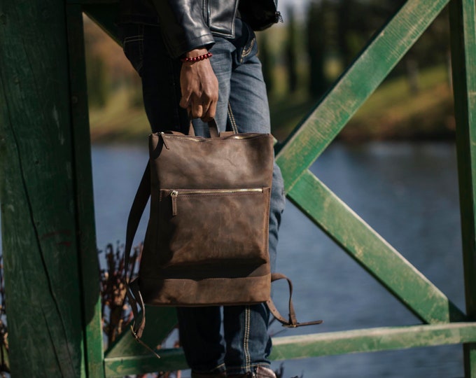 Leather Slim Backpack, Book bag, Travel Bag, Vintage Backpack, Slim Backpack, Minimalist Rucksack