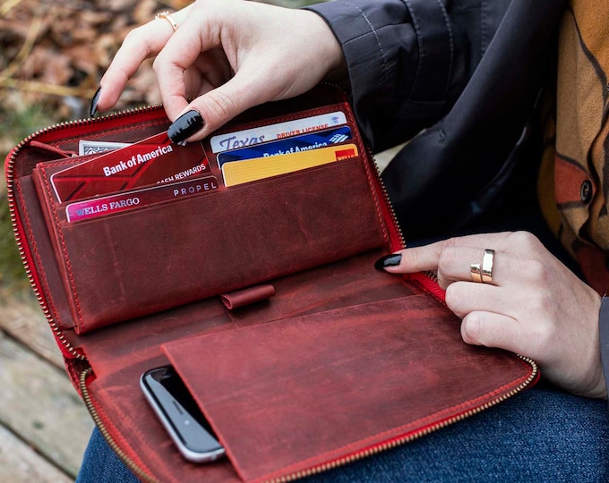 Leather Zipper Wallet, Leather Wallet, Women's Wallet Organizer, Long Leather Wallet, Zipper Wallet, Womens Gift, Christmas Gift Woman