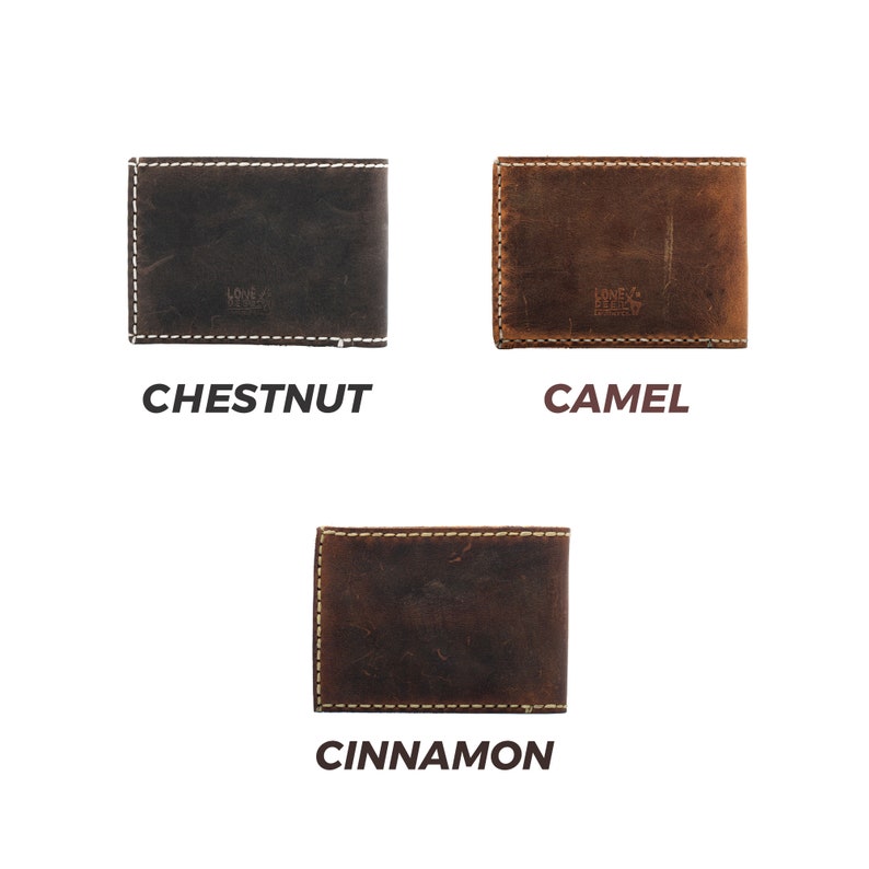 May include: Three leather wallets in different colors: chestnut, camel, and cinnamon. Each wallet has a stitched edge and the Lone Fox Leather Co. logo.