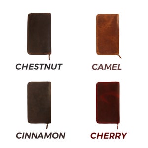 May include: Four leather wallets in different colors: chestnut, camel, cinnamon, and cherry.