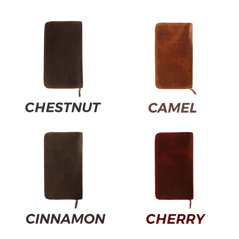 May include: Four leather wallets in different colors: chestnut, camel, cinnamon, and cherry.