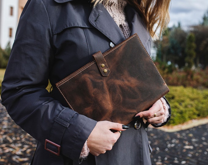 Leather iPad organizer case, Personalized Leather Notebook Cover, Journal Cover with Pen Loop