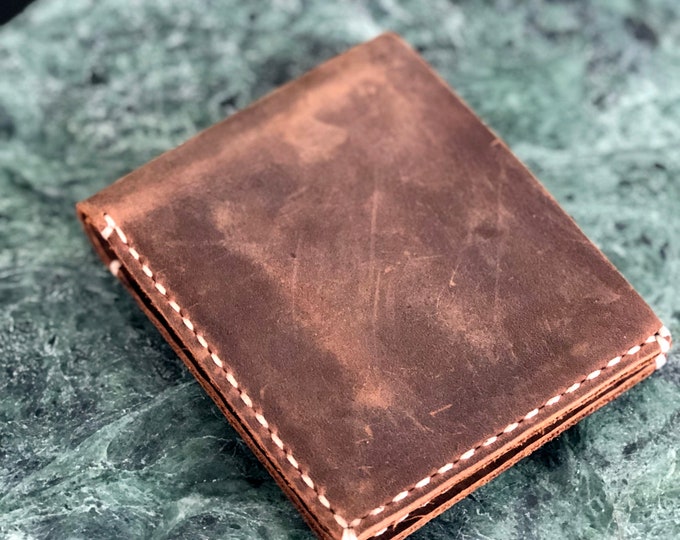 Leather Billfold wallet, personalized Bifold wallet, Minimalist Triple Card Wallet, monogram Leather Men's Wallet  Chestnut #TEXAS008