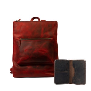 Mochila delgada de cuero Lone Deer + billetera para pasaporte